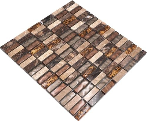 Mosaik Stäbchen Crystal/Stein mix beige/braun Glasmosaik Transluzent Transparent 3D, Mosaikstein Format: 15x48x8 mm, Mattengröße: 298x304 mm, 1 Matte