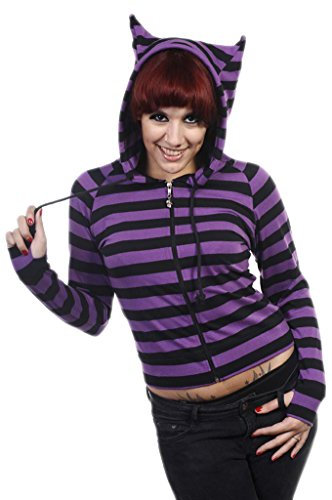 Banned Alternative Cat Ears Striped Hoodie Frauen Kapuzenpullover schwarz/lila L
