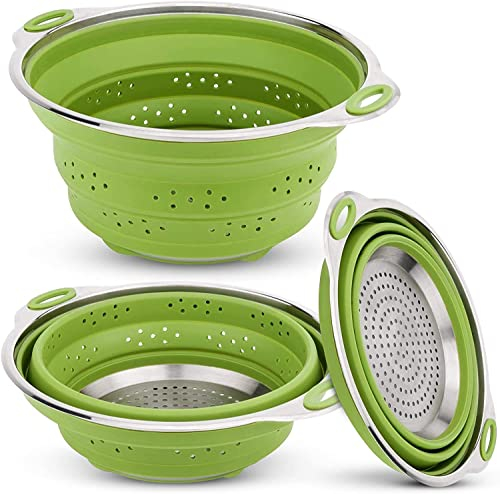 iNeibo Heat Colander Strainer,Kitchen Strainer,Large Capacity, Stainless Steel, Silicone, Efficient, Heat Resistant, Round, Collapsible, Foldable, Non-Stick