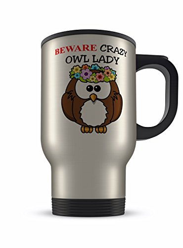 14oz Beware Crazy Owl Lady Aluminium Travel Mug