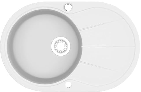 vidaXL Fregadero de Cocina de Granito con un Seno Ovalado Lavabo Cocina Fontanería Piezas de Fontanería y Bricolaje Pileta Escurreplatos Platos Blanco