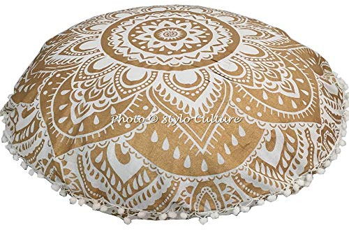 Stylo Culture Indisch Dekorativ Rund Bodenkissenbezug Boho 80 x 80 cm Groß Sitzpouf Kissen Mandala Gold Bohemien Pom Pom Spitze Wohnkultur Baumwolle Blumen Bodenkissen Rund