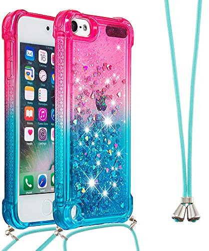 Handykette Handyhülle für iPod Touch 5/6 / 7 Hülle,Glitzer Quicksand kreatives Fließende Flüssigkeit schwimmt Silikon Case mit Umhängeband Handykordel Band Kette für iPod Touch 5,YB GS Pink Blue