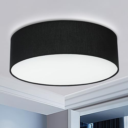 Depuley LED Deckenlampe schwarz, E27 Deckenleuchte Schlafzimmer, 2-Licht Modern Stoffdeckenleuchte Rund, Bürodeckenleuchte Textilschirm für Wohnzimmer Esszimmer, Küche, Flur, Eingang (Ohne Glühbirne)