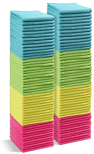 HOMEXCEL Microfibre Cloth,100 Pack Cleaning Rag,Microfibre Cleaning Cloths Towels with 4 Color Assorted,29 x 29 cm (Green/Blue/Yellow/Pink)