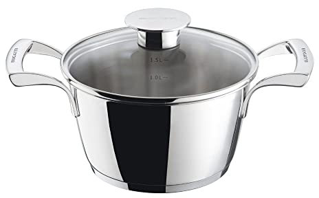 BUGATTI Cucina Italiana, Casseruola in Acciaio Inox 18/10, Padella Per Tutti i Piani Cottura e Per Forno, Coperchio in Vetro, Spessore Tre Strati, Maniglie Ergonomiche, Diametro 18 cm
