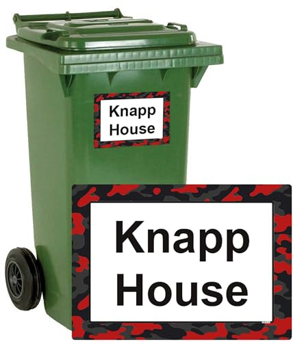 stika.co Pack of 4 Personalised Red Camouflage print Wheelie bin stickers, House Number and Street Name for Bin containers (A4-297 x 210mm, Laminated Vinyl)