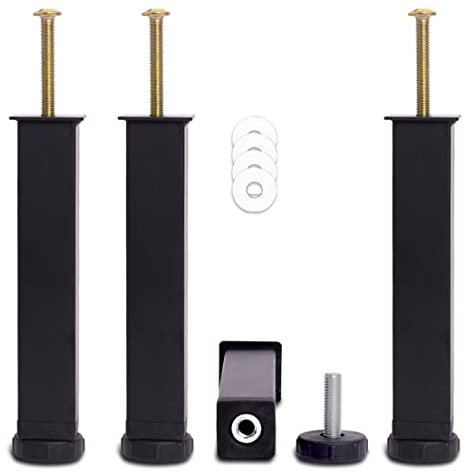 HAOMEO Pied de Lit, Pieds pour Sommier à Lattes Universel | Hauteur: 15cm(+2cm) Reglable | Design: Noir | Matériel: Metal | Carré: 3x3cm | pour Les Cadres | avec Boulon M8×60mm | Lot de 4