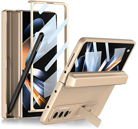 COQUE Galaxy Z Fold 4 de téléphone avec Film de Protection, Housse Tout Compris Pliable à charnière,étui à Crayons caché Pliable pour Samsung Galaxy Z Fold 4 5G-Or