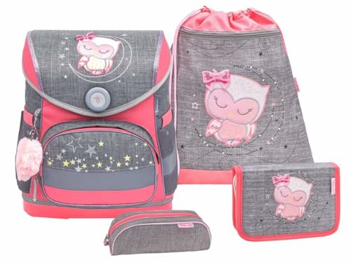 Belmil ergonomischer Schulranzen Set mit Regenschutz 5 -teilig für Kinder 1-4 Klasse Grundschule/Brustgurt/Magnetverschluss (Little Owl)