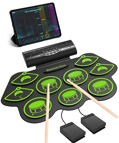 OYAYO Schlagzeug Elektronisch, 9 Pads Faltbares Elektronisches Schlagzeug Eingebaute Stereolautsprecher mit Drumsticks USB Roll Up Drum set mit Bluetooth für Kinder, Erwachsener Anfänger Geschenk