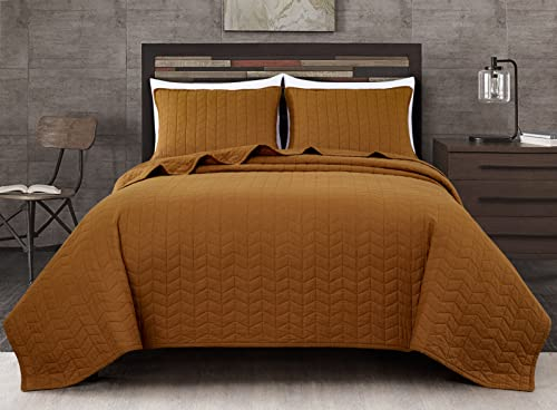 Chezmoi Collection Madrid 3-teiliges Bettwäsche-Set aus 100 % Baumwolle, Queen-Size, Spice – Fischgrätenmuster, gesteppt, leicht, Vintage, gewaschene Baumwolle, wendbar, für alle Jahreszeiten