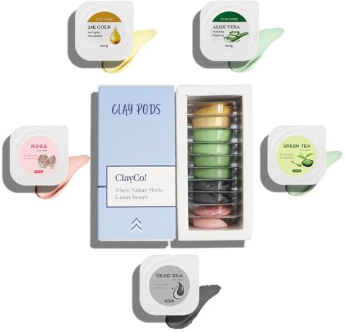 ClayCo! 10 Piece Clay Mask Variety Kit for Men & Women Facial and Skin Care, Clay Face Mask Set (Rose, Dead Sea, Green Tea, Aloe Vera, 24K Gold)