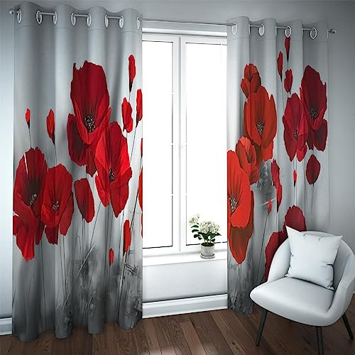 Vintage Blackout Curtains Red Flower Ink Painting Thermal Insulated Window Curtains for Sliding Glass Door Bedroom Living Room 2 Panel W84xL63in