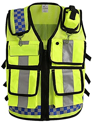 MObyat Polizei-Verkehrsweste, reflektierendes gelbes Netzgewebe, Warnweste mit Taschen und Reißverschluss für Outdoor-Arbeiter, Verkehrsarbeiten und Laufen