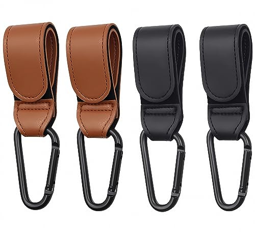 4 Stück Kinderwagen Haken Clips, Buggy-Clips Träger Kinderwagen Haken, Kinderwagen Taschenhalter aus Leder, bag hooks for stroller, kinderwagen clips, Kinderwagen haken für taschen (Schwarz+braun)