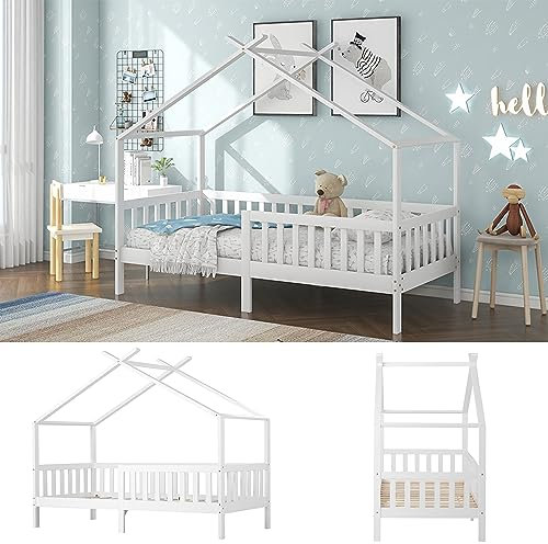 RCBDBSM Hausbett 90x200 Spielbett, vielseitiges Holz Kinderbett für Jungen & Mädchen - Massivholz Kinder Bett mit Rausfallschutz und Lattenrost, Bett Holz Haus Spielbett Hausbett weiß