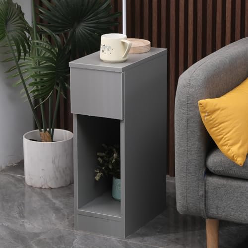 Sanery Slim Bedside Table Bedroom Nightstand with Open Shelf & Drawer, Narrow End Table Sofa Side Table for Living Room, Compact Wooden Lamp Table Telephone Table for Home Office, Grey