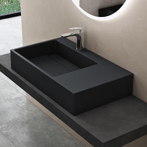 doporro Lavabo Bagno Sospeso Lavabo da Appoggio Rettangolare in Marmo Resina Antracite Opaco, Vasca a Sinistra 75x43x14 cm con 1 Foro Rubinetto e Piletta Scarico, Colossum12