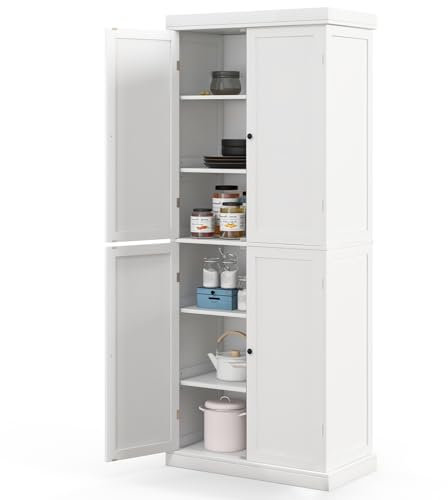 TANGZON 184CM Tall Kitchen Cupboard, 6-Tier Tall Storage Cabinet with 4 Doors & 2 Adjustable Shelves, Freestanding Wooden Sideboard Unit for Pantry Dining Living Room (with Shelves, White)