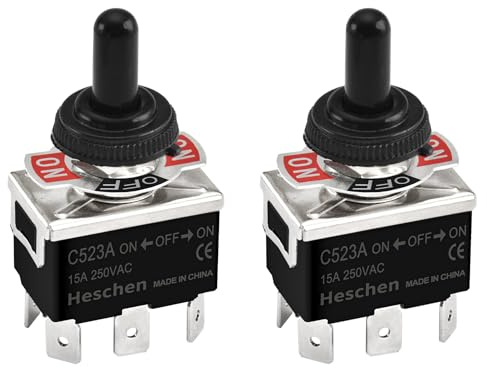 Heschen Interruptor de palanca de metal, C523A, DPDT, mantenido, encendido/apagado/encendido 3 posiciones, 15 A 250 VAC, terminal de 6 pestañas, CE, con tapa impermeable (2)