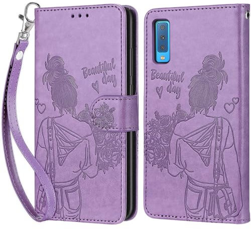 Handyhülle für Samsung Galaxy A7 2018 Hülle, Samsung A7 2018 Hülle, Premium Leder Flip Klappbare Stoßfeste Magnetische [Standfunktion] [Kartenfächern] Schutzhülle Tasche - Lila