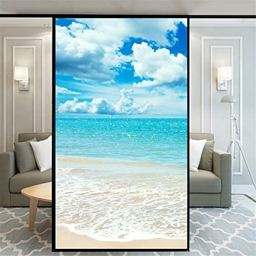 No Glue Decorative Privacy Frosted Window Film Beautiful Beach Pattern Glass Door Window Decals Window Sticker 89x200cm(35x78.74)