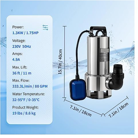Pompe à eaux usées pompe de puisard submersible pompe à eau propre 550W - 2200W for pomper l'eau des piscines, sous-sols, bains à remous Améliorer l'efficacité(1300W 1.75HP)