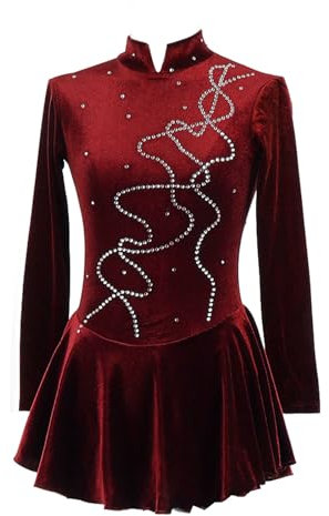 MANYUBEI Eiskunstlauf Kleid Für Damen, Langärmelig Für Wettkämpfe Leistung Samt Hoher Kragen Strass Trikot Ballett Gymnastik Tanzbekleidung,M,Red