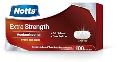 NOTTS Extra Strength 500mg Caplets with 500 mg Acetaminophen, Pain Reliever and Fever Reducer for Headache, Backache, Toothache & Minor Arthritis Pain Relief, 100 Count