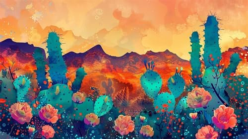 Malen nach Zahlen Erwachsene Kaktus, DIY Set Erwachsene Malen nach Zahlen Sonnenuntergang, 180x100cm DIY Handgemalt Ölgemälde Kit für Anfänger Erwachsene mit 3-Pinseln&Acrylfarbe, Geschenk für Freunde
