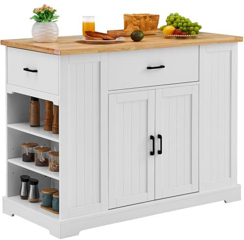 VEVOR Kitchen Island Cart, 46 Wood Top Breakfast Bar with Storage Cabinet, Farmhouse Kitchen Table with Adjustable Shelf, Drawer, for Dining Kitchen Living Room, White