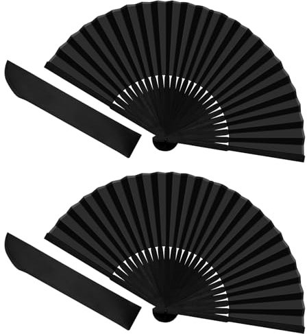 Qufiiry Folding Hand Fan, 2 Pcs Handheld Folding Fan, Black Folding Hand Fan for Women Men, Chinese Silk Fabric Handheld Fan for Dancing Cosplay Wedding Party Home Decorations Birthday Gifts