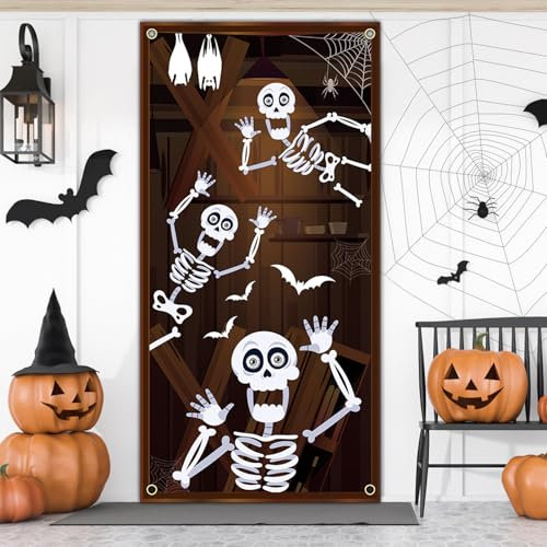 HAKOTOM Skelett Türabdeckung Halloween Banner Gruselig 180x90cm Totenkopf Partybanner Schädel Horror Hintergrund für Innen Draußen Deko Tür Fenster Wand