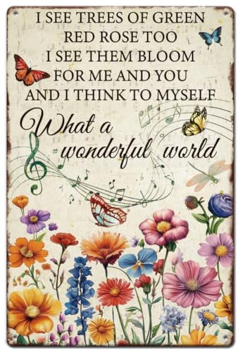 SUPERDANT Music Flower Tin Sign Flower Butterflies Metal Tin Sign Inspiational Quotes Sign What a Wonderful World Metal Sign Vintage Metal Wall Art for Man Cave Garages Bar Sign Home