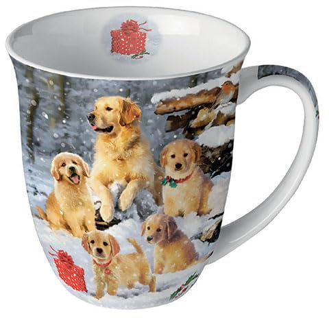 Ambiente Kaffeetasse Teetasse Becher 0,4 l Fine Bone China Porzellan Golden retriever in Winterlandschaft Winter Advent Weihnachten Jumbotasse