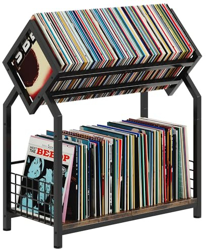 2-Tier Vinyl Record Storage Holder with Dividers, 24.4''W Vinyl Record Display, 300 LPs Vinyl Record Storage Rack, Suitable for Magazines, Books, Documents, Albums