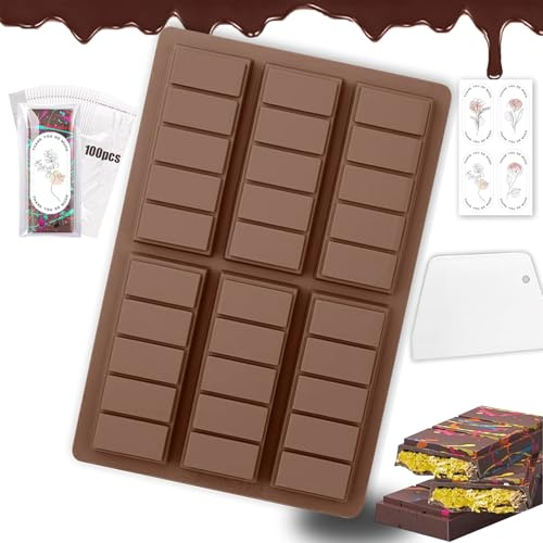 DAILIENFUS Schokoladenform Set, 6 Tafeln Tief Schokoladentafel Form aus Silikon, Dubai Schokolade Form mit Schaber und Tasche und Aufkleber für Schokolade Praline Süßigkeiten BPA-frei (Rechteck)