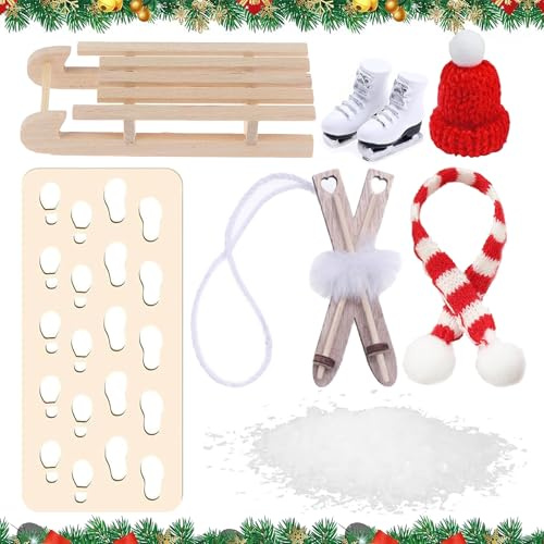 Wichtel Zubehör Weihnachten,Wichtel Schlitten,Wichtel Ski Set | Puppenhaus Zubehör mit Schlitten Schlittschuhe,Schneeflocke,Schal,Hut,Wichtel Fußabdrücke Vorlage,für Weihnachtsdeko Elf