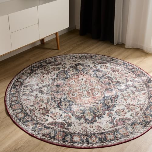 benuta Basic Waschbarer Teppich George - Multicolor/Rot 160 cm rund - Kunstfaser - rund & im Style: Vintage, Elegant, Retro - Pflegeleicht für Wohnzimmer Schlafzimmer