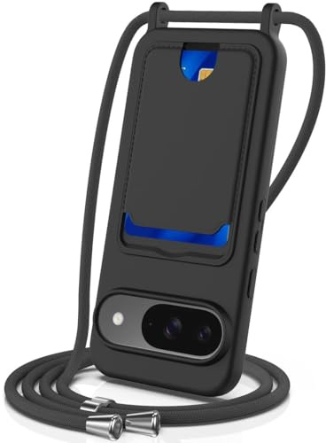 SLWYF Kompatibel mit Google Pixel 9/Pixel 9 Pro Hülle, mit Kartenfach, Handykette Hülle Silikon Seil Necklace Handyhülle mit Kordel Tasche TPU Bumper Schutzhülle für Google Pixel 9 - Schwarz