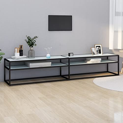 Gecheer Meuble TV Marbre Blanc 220x40x40,5 cm Verre trempé, Banc TV avec Dessus Robuste, Support de Télévision pour Salon, Chambre