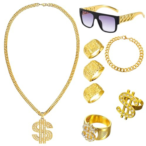 TZMFHD 8 Pcs Hip Hop Jewelry Set Include Fake Gold Chain, Dollar Sign Necklace Rings and Hippie Glasses, 90s Fancy Dress Men Accessories, Rapper Costume for Party and Performance