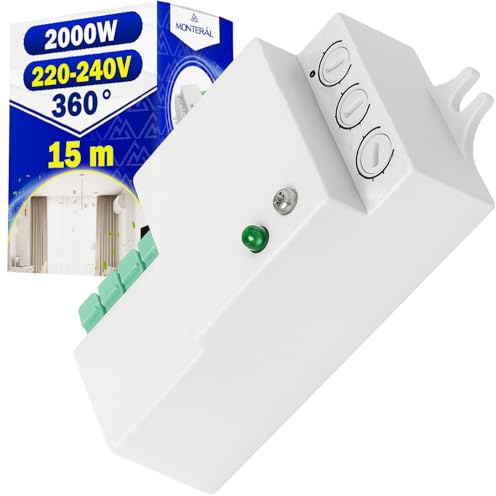 Mini Detecteur Mouvement à Micro-Ondes Max 2000W 220-240V Protection IP20 | Angle D'action 360° - Portée 15 m - Couleur Blanche - Garantie de 10 Ans - MONTERAL