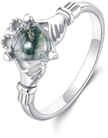 ONEFINITY Claddagh Anillo de plata de ley 925 irlandés Claddagh con corazón de ágata musgosa joyería irlandesa para mujer, Metal precioso