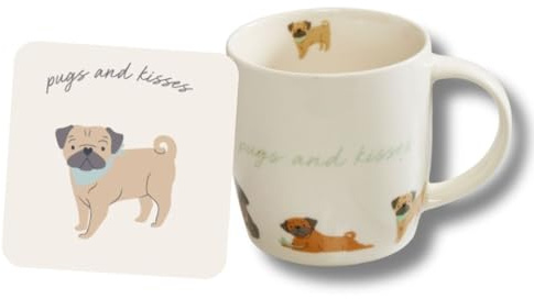 Cute CREATIONS Pug Dog Design Mug with Coaster | Gift Set for Dog Lovers