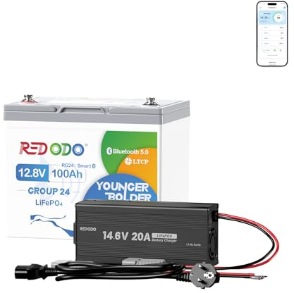 Redodo 12V 100Ah Bluetooth LiFePO4-Akku mit 12V 20A-Ladegerät, Niedrigtemperaturschutz, Lithium-Akku Gruppe 24 für Trolling-Motoren, 100A Smart-BMS, ideal für Marine, Boote, Wohnmobile, Solar