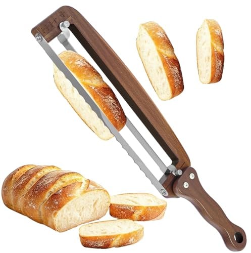 YIYOBEATFO Bread Slicer for Homemade Bread, Adjustable Sourdough Bread Knife Wooden with Thickness Guide, Cutting Tool for Crusty Sourdough and Baguette, Ambidextrous Use