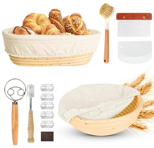 ACOMTUO Gärkörbchen,Brot Gärkorb Set,23cm Rund & 25cm Oval Brotkörbchen,100% Natürlichem Rattan, inkl. Teigschaber, Leineneinsatz, Teigrührer & Brot Lahm | Professionelles Brotbackzubehör
