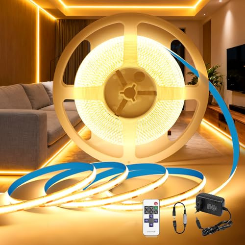 BRIMETI COB LED Streifen 12V Strip 5M Dimmbar Selbstklebend 8mm Breite mit Stecker und Fernbedienung Warmweiß 3000K 320LEDs/m, CRI90+ Flexibel LED Band Licht für TV